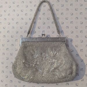 🩶 Vintage Silver Beaded Bling Snap Purse Comb Case Satin Pockets